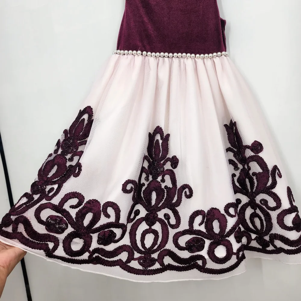 American Princess Pink Tulle Girls Dress Size 6 Burgundy Details‎ Pearl Waist